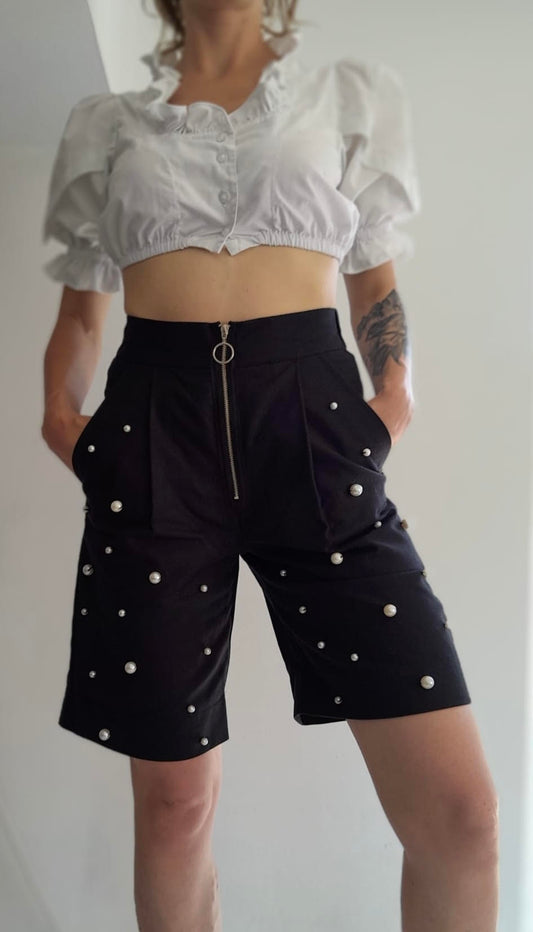 Black Bermuda Trousers with Pearls